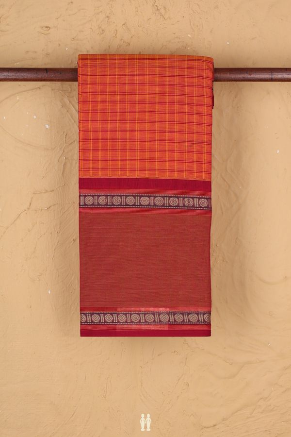 Chettinadu Cotton Saree In Orange With Checks Design