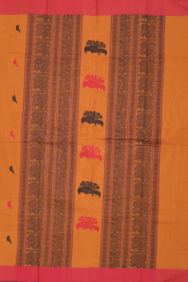 Chettinadu Cotton Saree In Orange With Parrot Buttas