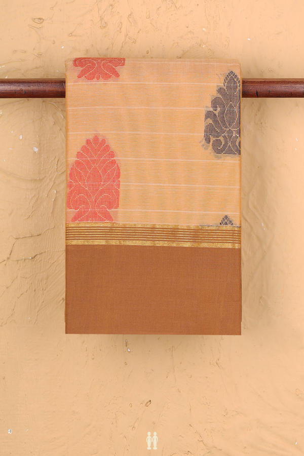 Chettinadu Cotton Saree In Orange With Threadwork Motifs