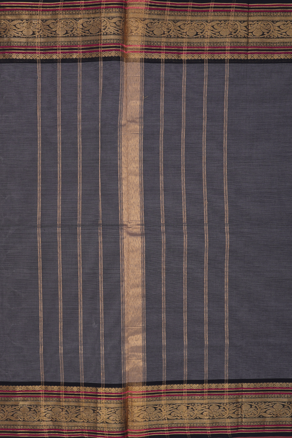 Chettinadu Cotton Saree In Charcoal Grey With Contrast Border
