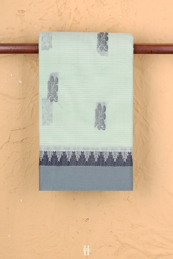Chettinadu Cotton Saree In Pale Green With Threadwork Buttas