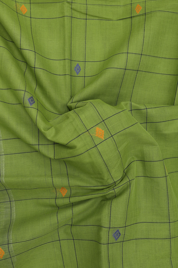 Chettinadu Cotton Saree In Parrot Green With Checks Design