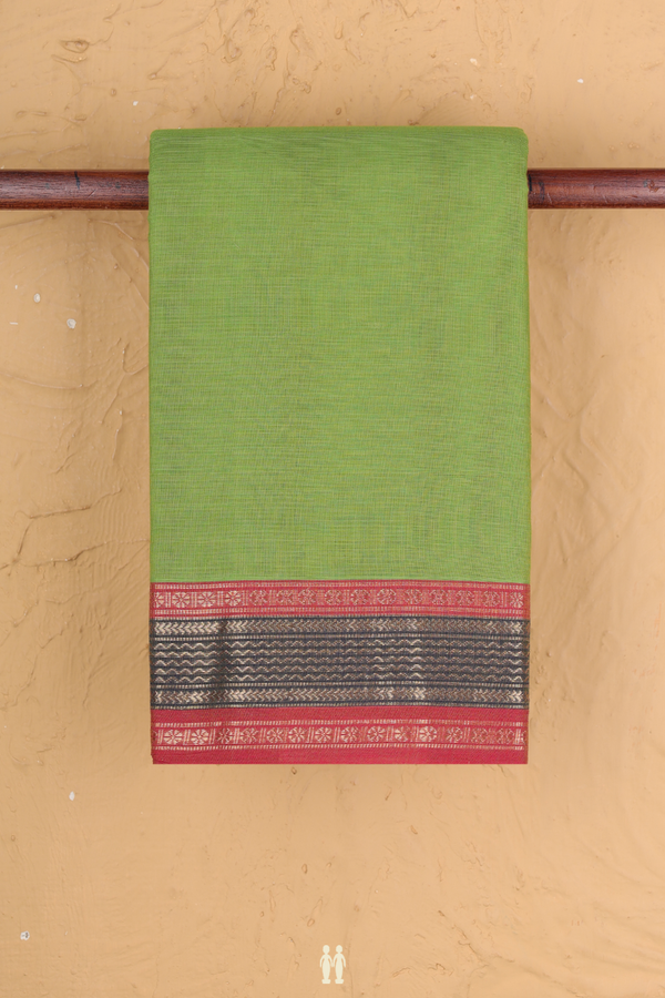 Chettinadu Cotton Saree In Parrot Green With Zari Border