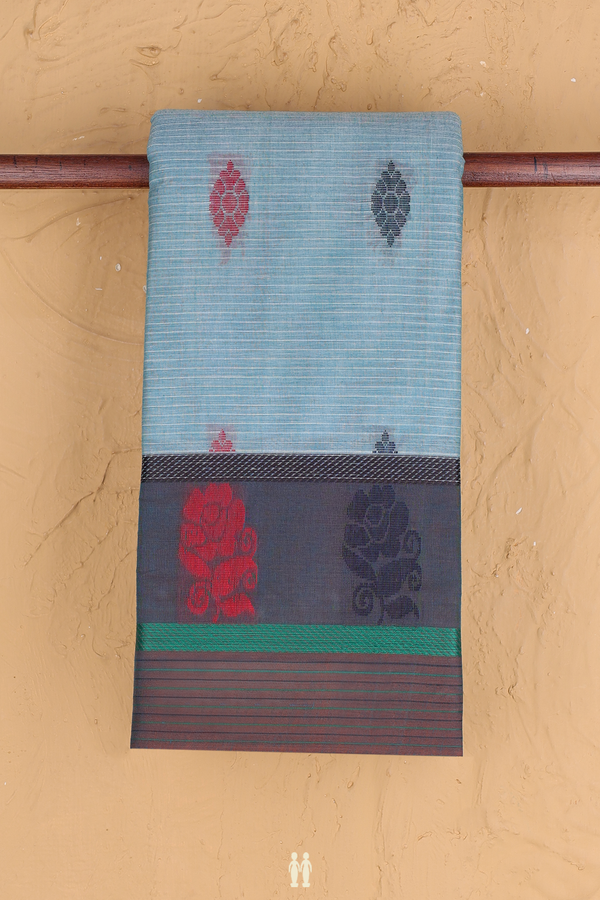 Chettinadu Cotton Saree In Pastel Blue With Threadwork Buttas