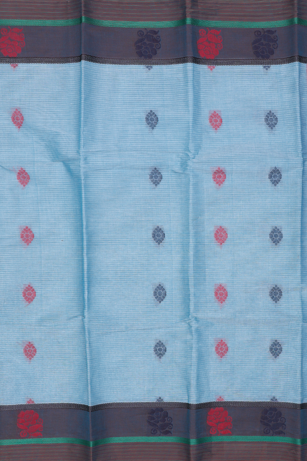 Chettinadu Cotton Saree In Pastel Blue With Threadwork Buttas
