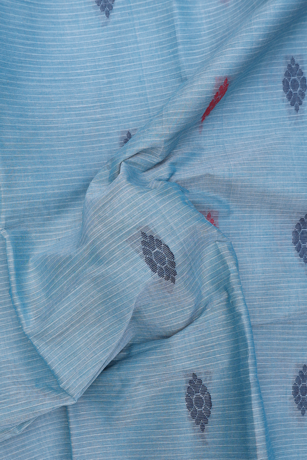 Chettinadu Cotton Saree In Pastel Blue With Threadwork Buttas