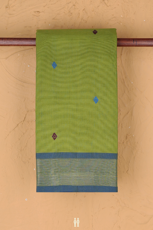 Chettinadu Cotton Saree In Pear Green With Threadwork Buttas