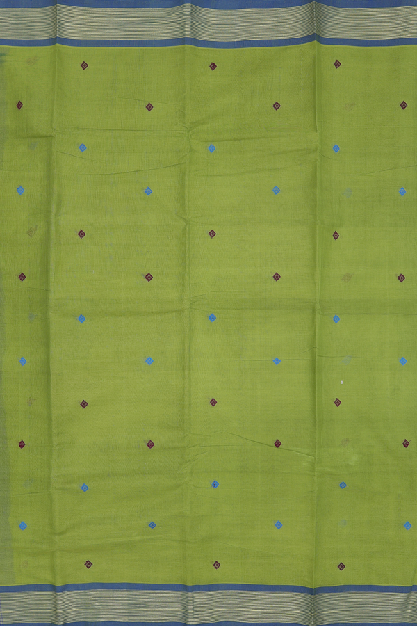 Chettinadu Cotton Saree In Pear Green With Threadwork Buttas