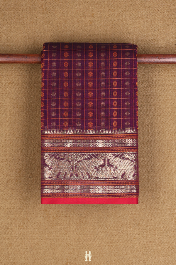 Chettinadu Cotton Saree In Plum Purple Checks With Buttas