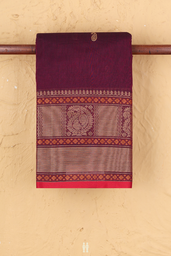 Chettinadu Cotton Saree In Plum Purple With Paisley Buttas