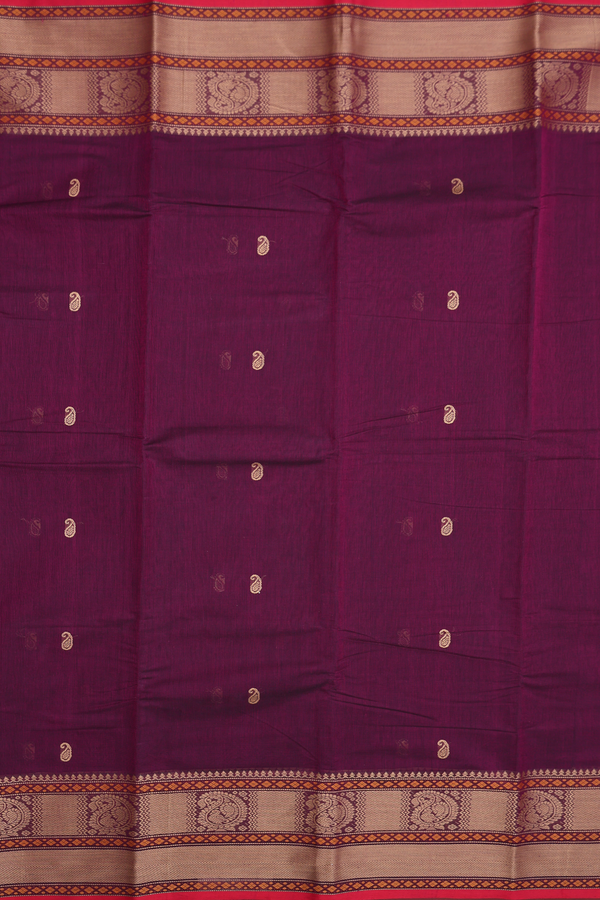 Chettinadu Cotton Saree In Plum Purple With Paisley Buttas