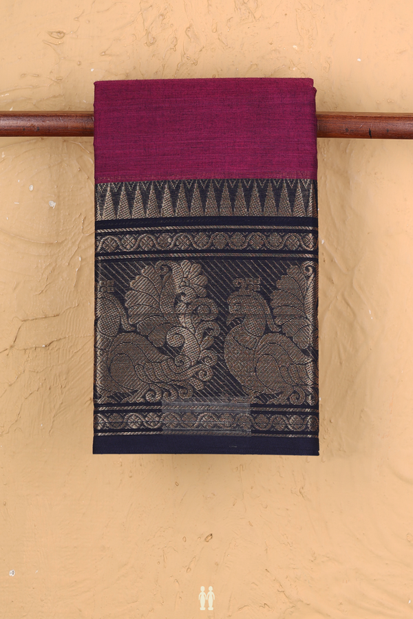 Chettinadu Cotton Saree In Plum Purple With Peacock Border