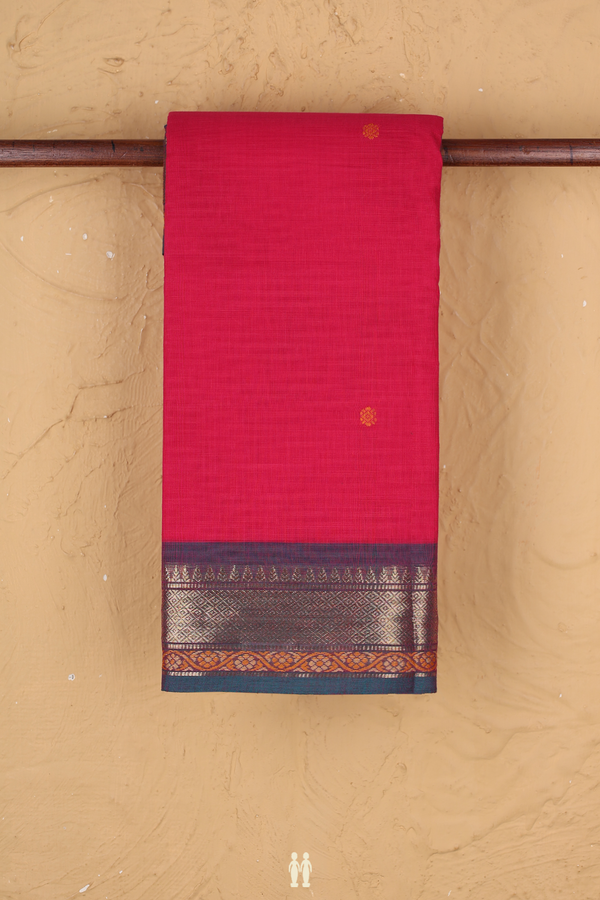 Chettinadu Cotton Saree In Rani Pink With Threadwork Buttas