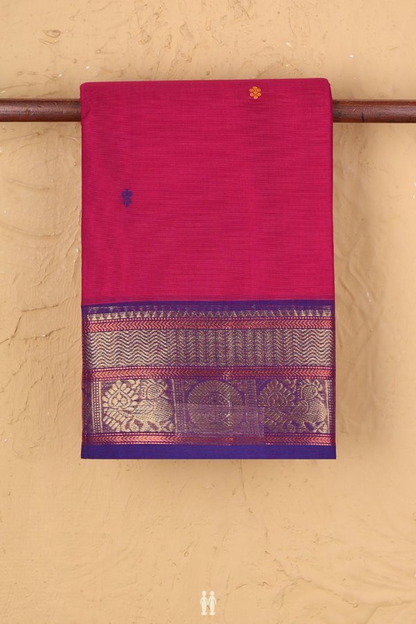 Chettinadu Cotton Saree In Rani Pink With Threadwork Buttas