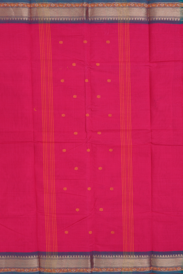 Chettinadu Cotton Saree In Rani Pink With Threadwork Buttas