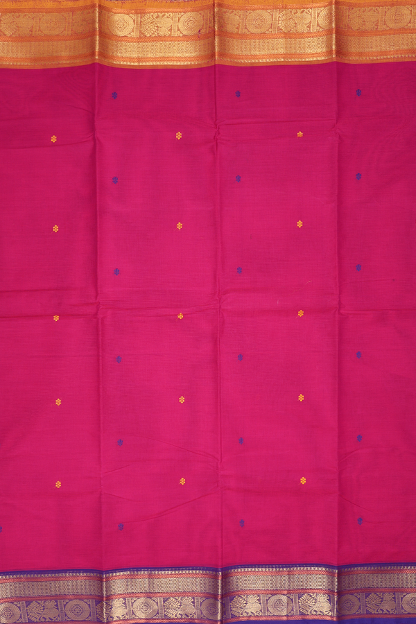 Chettinadu Cotton Saree In Rani Pink With Threadwork Buttas