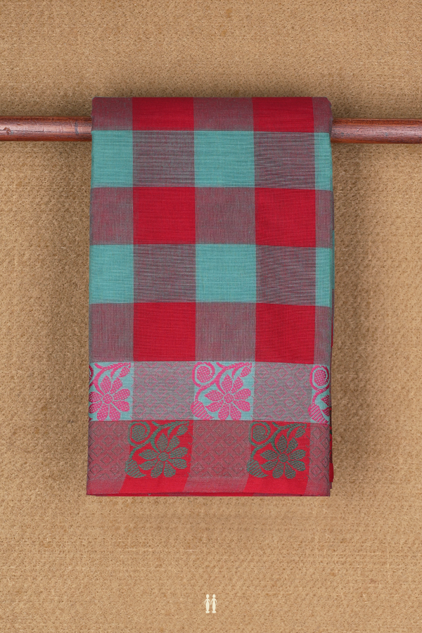 Chettinadu Cotton Saree In Red And Blue With Checked Design