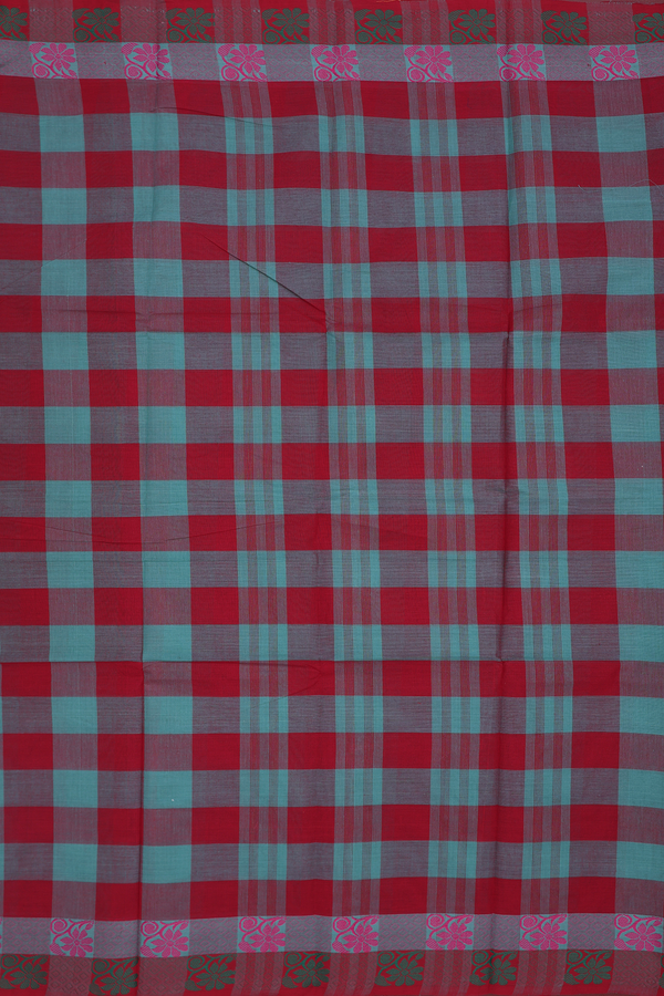 Chettinadu Cotton Saree In Red And Blue With Checked Design