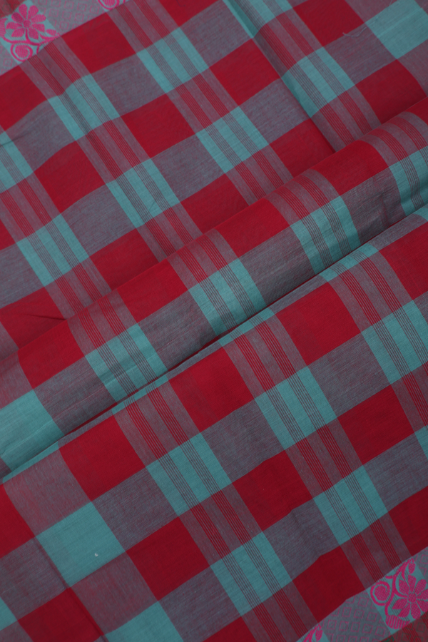 Chettinadu Cotton Saree In Red And Blue With Checked Design