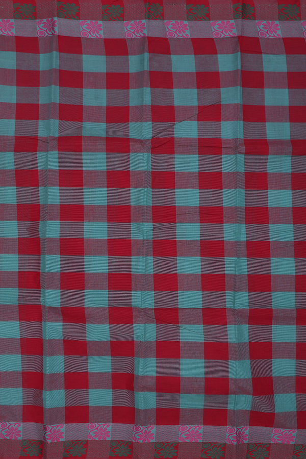 Chettinadu Cotton Saree In Red And Blue With Checked Design