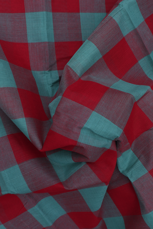 Chettinadu Cotton Saree In Red And Blue With Checked Design