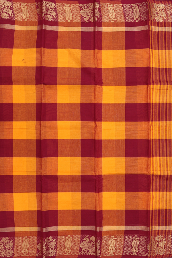 Chettinadu Cotton Saree In Red And Orange With Checks Design