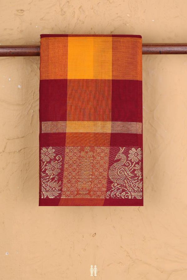 Chettinadu Cotton Saree In Red And Orange With Checks Design