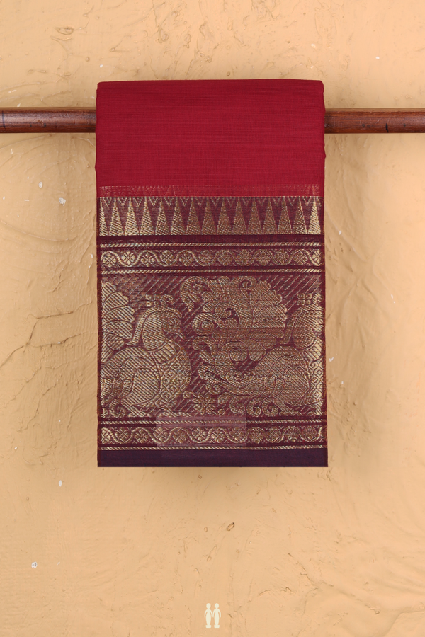 Chettinadu Cotton Saree In Red With Contrast Border