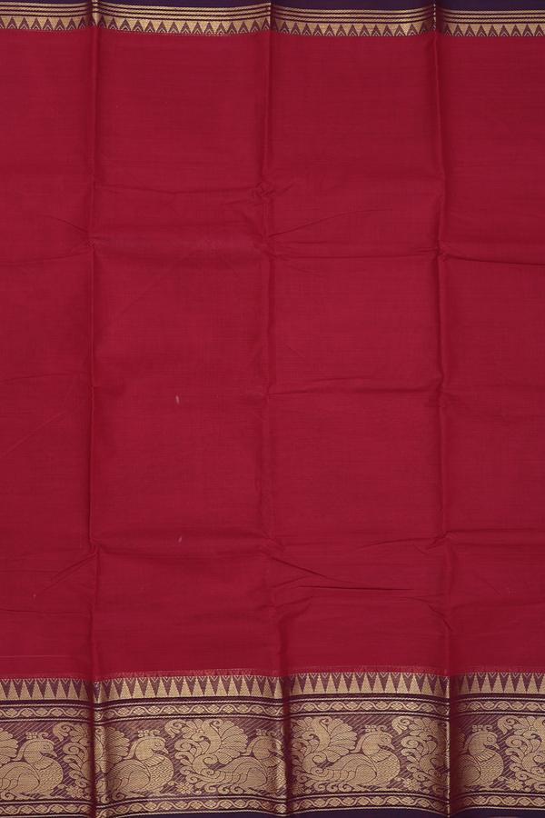 Chettinadu Cotton Saree In Red With Contrast Border