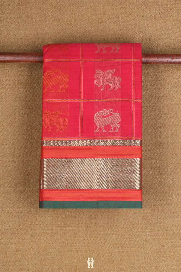 Chettinadu Cotton Saree In Rose Red Checks With Buttas
