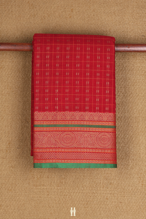 Chettinadu Cotton Saree In Ruby Red Along Checks With Buttas
