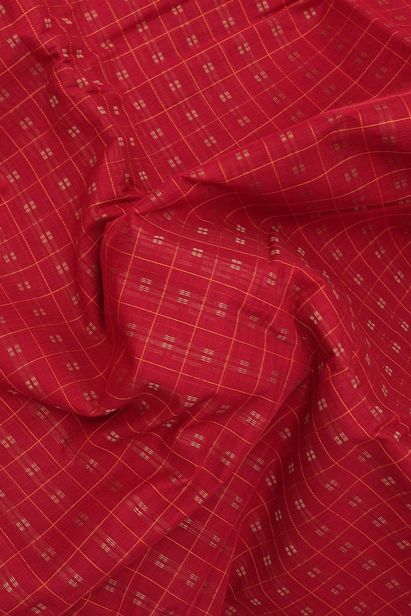 Chettinadu Cotton Saree In Ruby Red Along Checks With Buttas