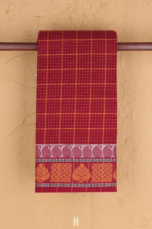 Chettinadu Cotton Saree In Ruby Red With Checks Design