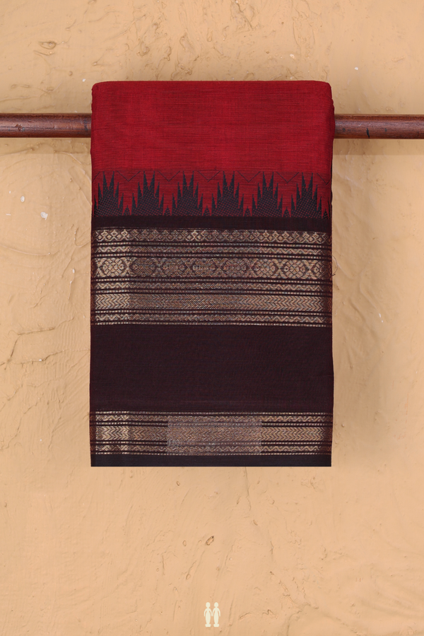 Chettinadu Cotton Saree In Ruby Red With Contrast Border
