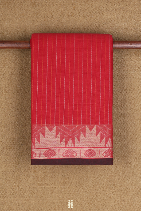 Chettinadu Cotton Saree In Ruby Red With Stripes Design