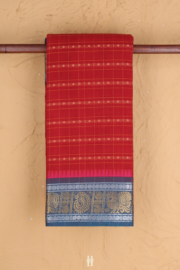 Chettinadu Cotton Saree In Rust Red With Checks Design