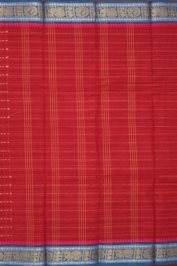 Chettinadu Cotton Saree In Rust Red With Checks Design
