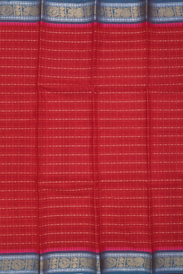 Chettinadu Cotton Saree In Rust Red With Checks Design