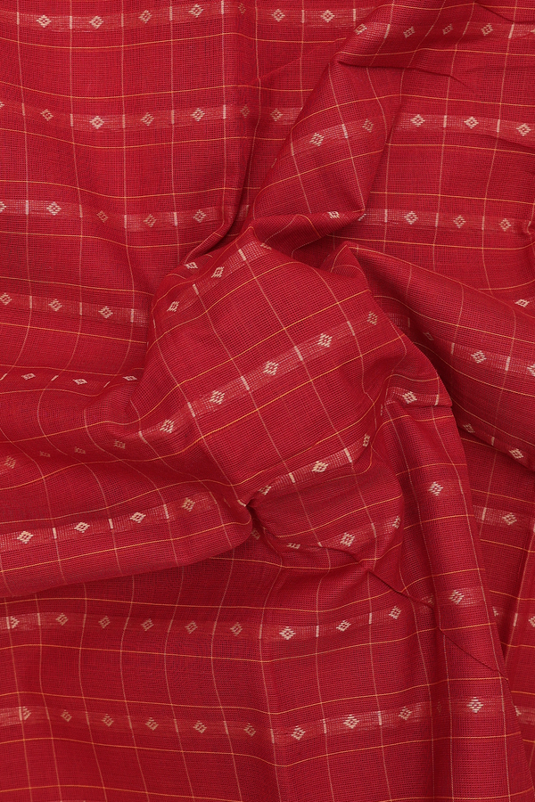 Chettinadu Cotton Saree In Rust Red With Checks Design