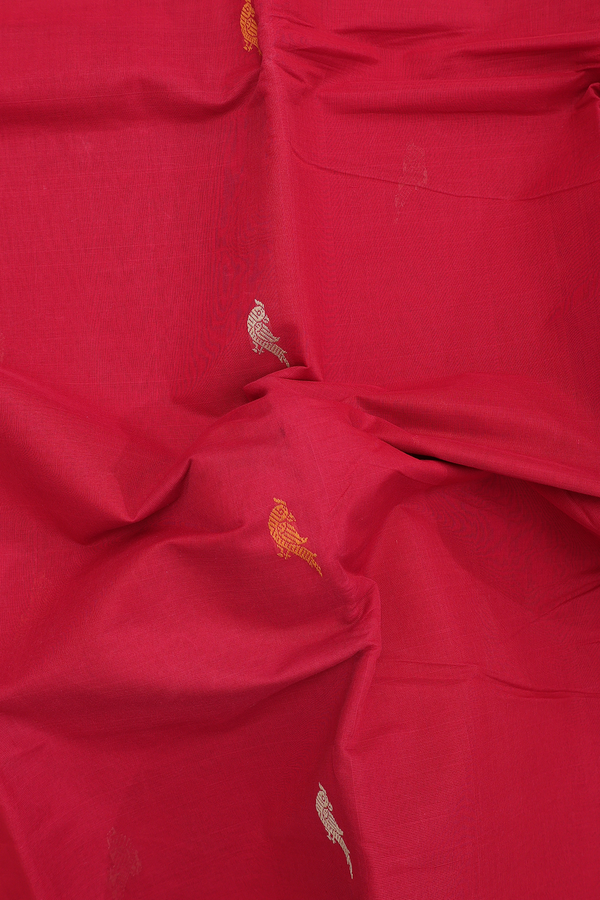 Chettinadu Cotton Saree In Scarlet Red With Parrot Buttas