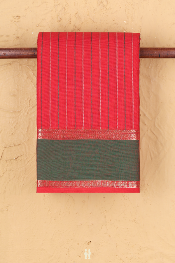 Chettinadu Cotton Saree In Scarlet Red With Stripes Design