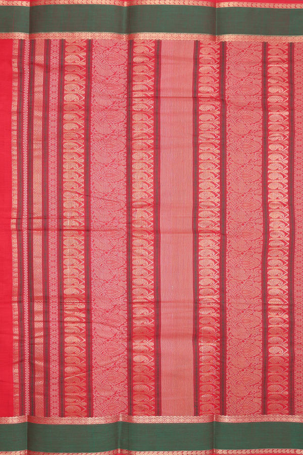 Chettinadu Cotton Saree In Scarlet Red With Stripes Design