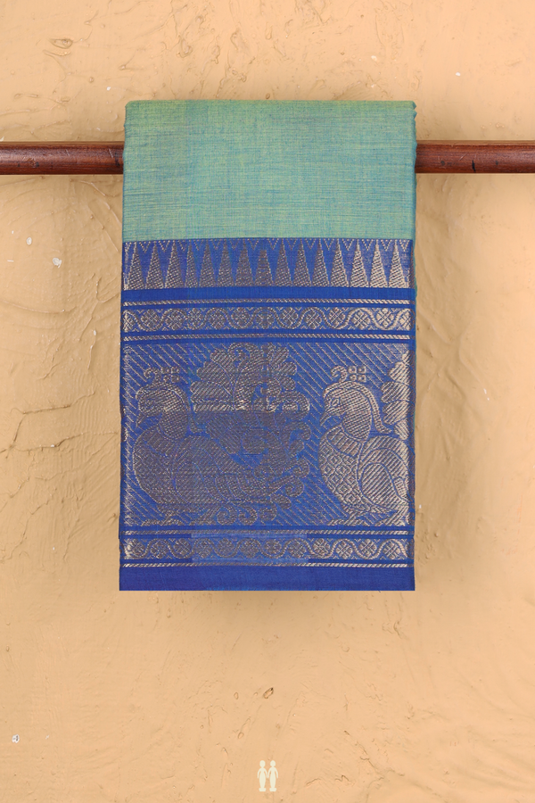 Chettinadu Cotton Saree In Stone Green With Peacock Border