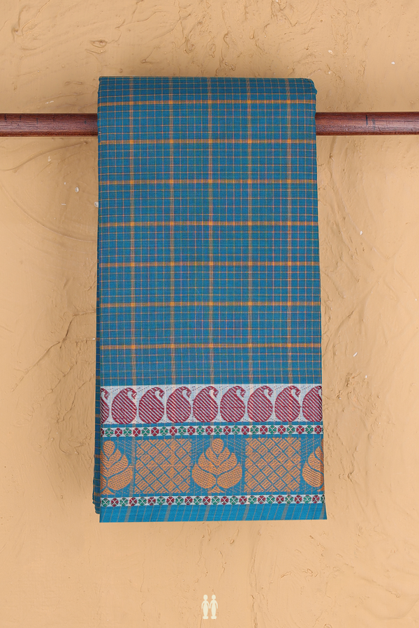 Chettinadu Cotton Saree In Teal Blue With Checks Design
