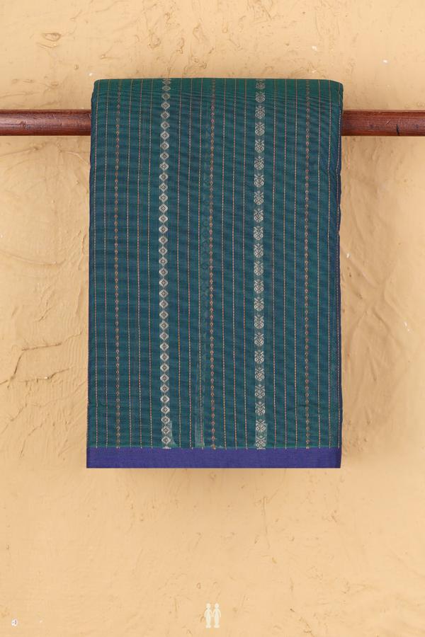 Chettinadu Cotton Saree In Teal Blue With Stripes Design