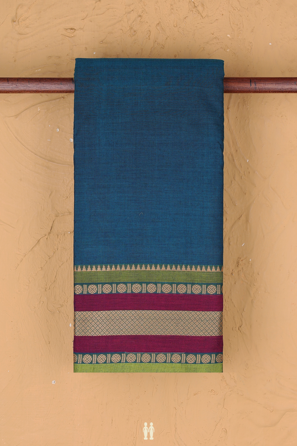 Chettinadu Cotton Saree In Teal Blue With Threadwork Border