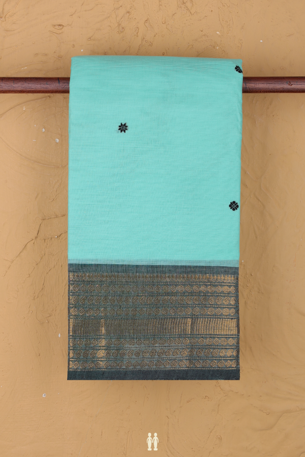 Chettinadu Cotton Saree In Turkish Blue With Floral Buttas