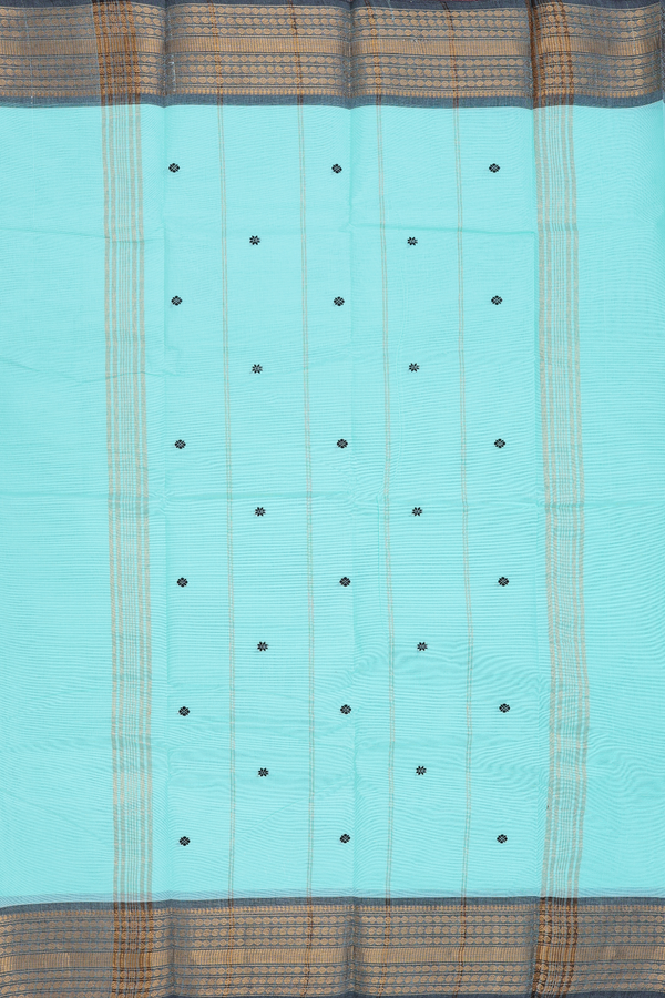 Chettinadu Cotton Saree In Turkish Blue With Floral Buttas