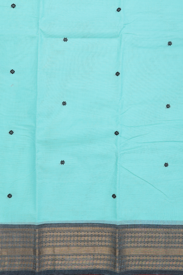 Chettinadu Cotton Saree In Turkish Blue With Floral Buttas