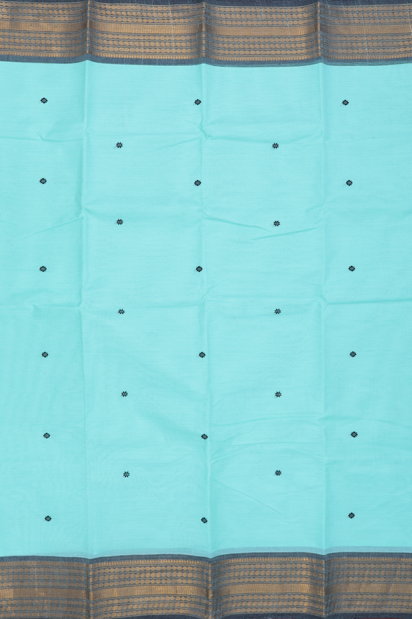 Chettinadu Cotton Saree In Turkish Blue With Floral Buttas